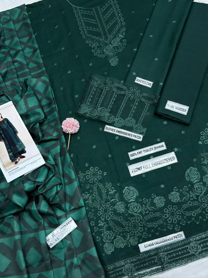 LAAM Green Heavy Embroidered Unstitched Dhanak 3 Piece Suit with Wool Shawl – image 8 of 8