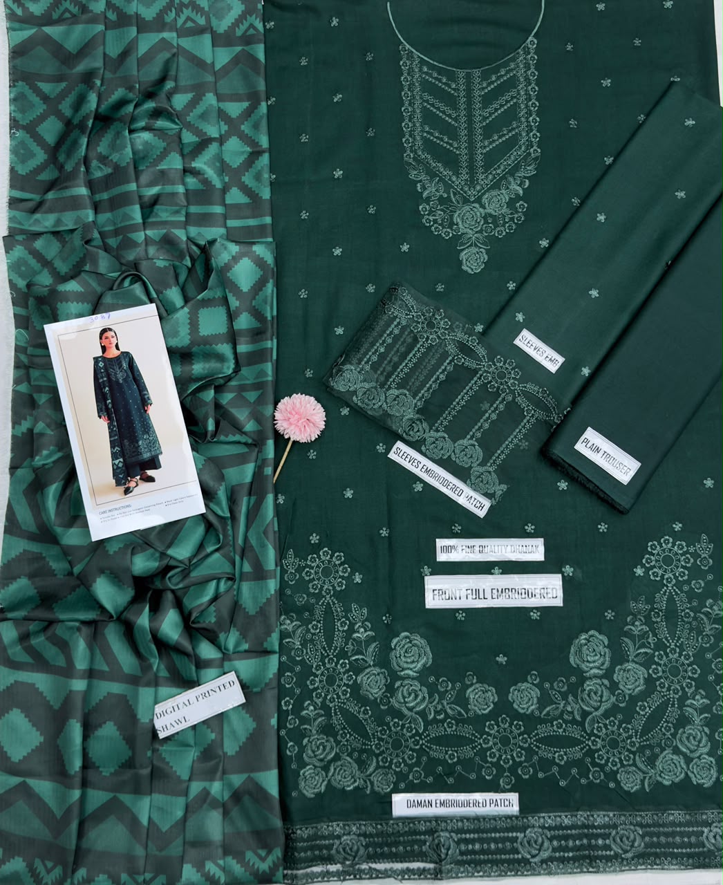 LAAM Green Heavy Embroidered Unstitched Dhanak 3 Piece Suit with Wool Shawl – image 6 of 8