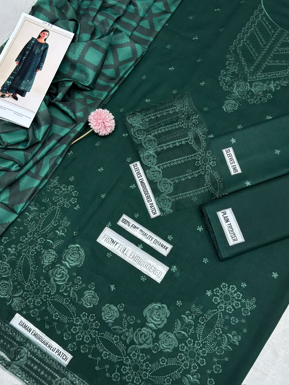 LAAM Green Heavy Embroidered Unstitched Dhanak 3 Piece Suit with Wool Shawl – image 7 of 8