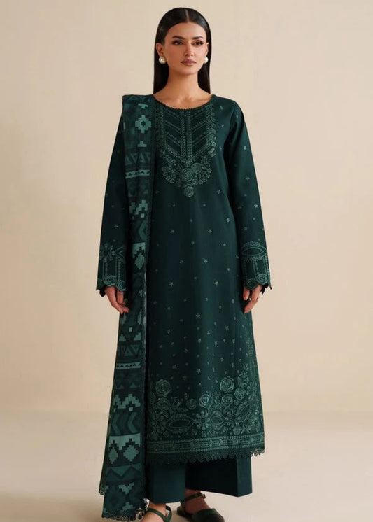 LAAM Green Heavy Embroidered Unstitched Dhanak 3 Piece Suit with Wool Shawl – image 1 of 8