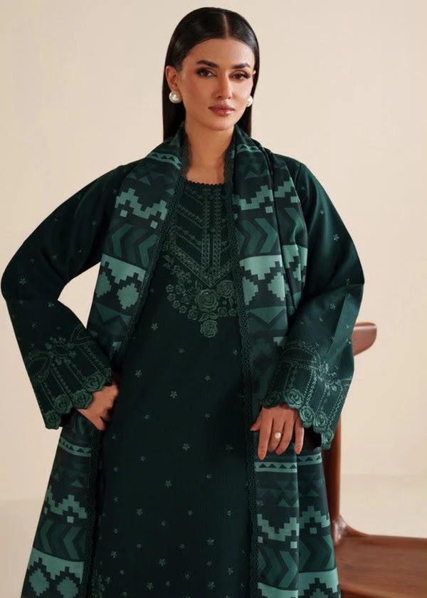 LAAM Green Heavy Embroidered Unstitched Dhanak 3 Piece Suit with Wool Shawl – image 2 of 8
