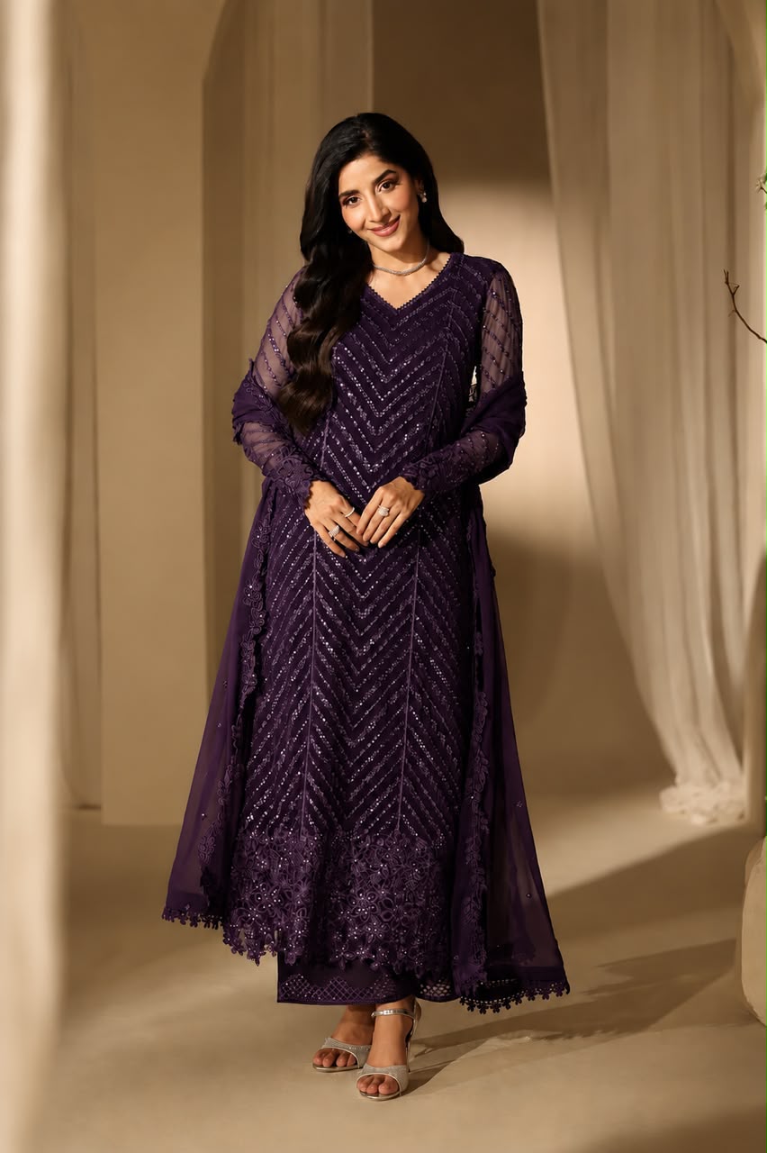 LAAM Purple Heavy Sequin Embroidered Unstitched Chiffon Suit – image 2 of 8