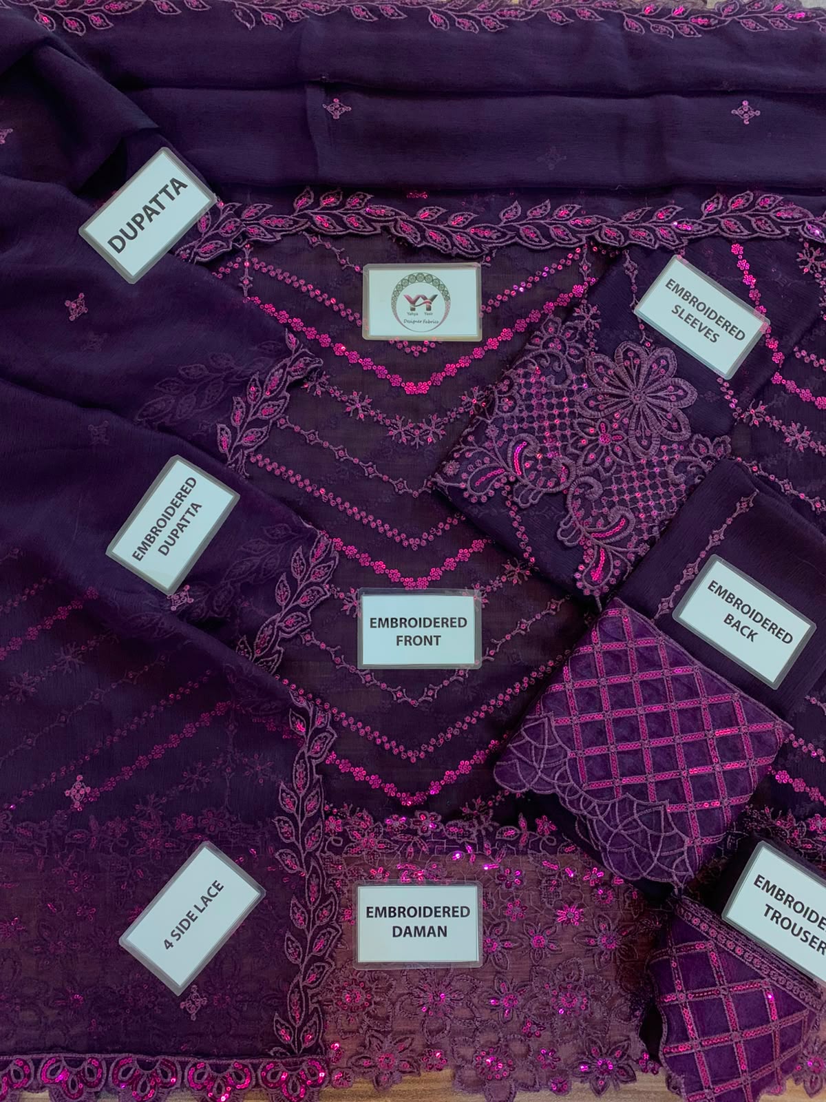 LAAM Purple Heavy Sequin Embroidered Unstitched Chiffon Suit – image 8 of 8
