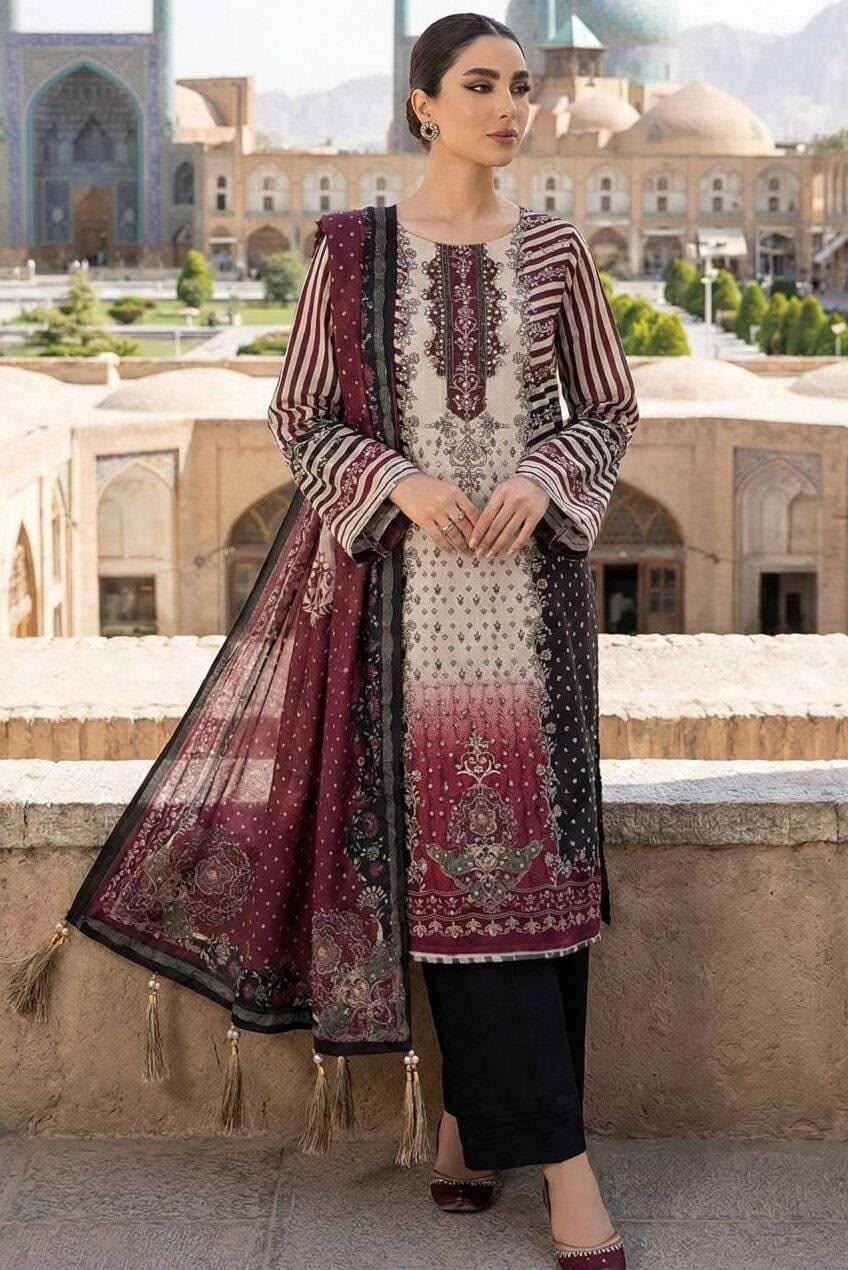 LULUSAR Ivory Maroon Most Demanding Edition Heavy Embroidered Digital Printed Shamoz Silk 3 Piece Unstitched Suit - front view