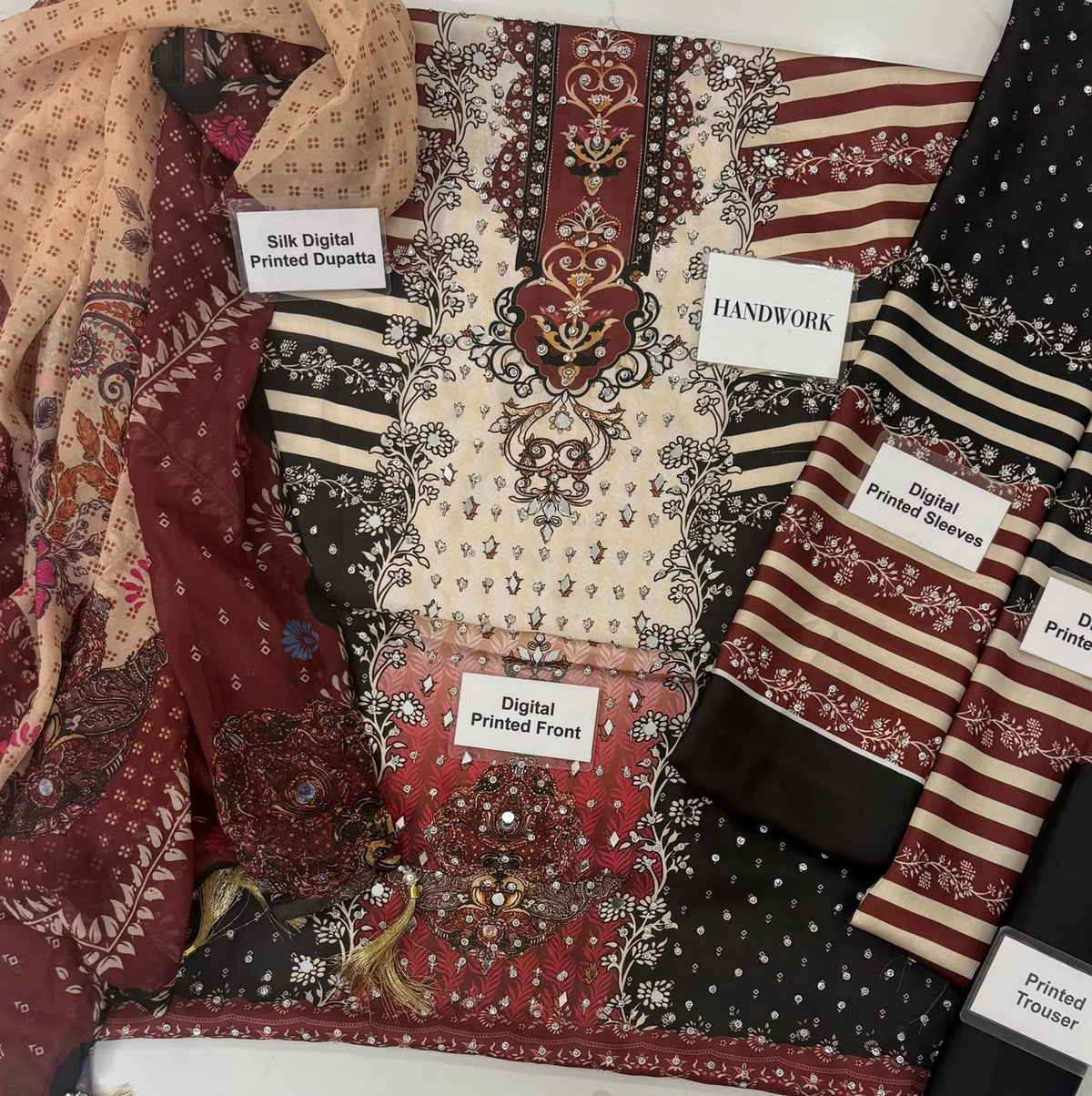 LULUSAR Ivory Maroon Most Demanding Edition Heavy Embroidered Digital Printed Shamoz Silk 3 Piece Unstitched Suit - detail view