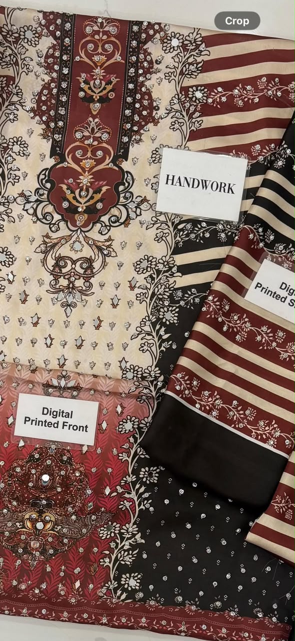 LULUSAR Ivory Maroon Most Demanding Edition Heavy Embroidered Digital Printed Shamoz Silk 3 Piece Unstitched Suit - fabric closeup