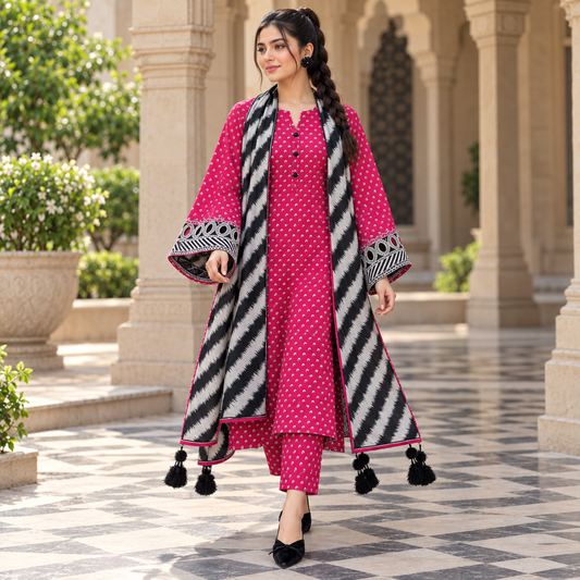 Lulusar Magenta Black Chevron Printed Unstitched Shamooz Silk 3 Piece Suit – image 1 of 3
