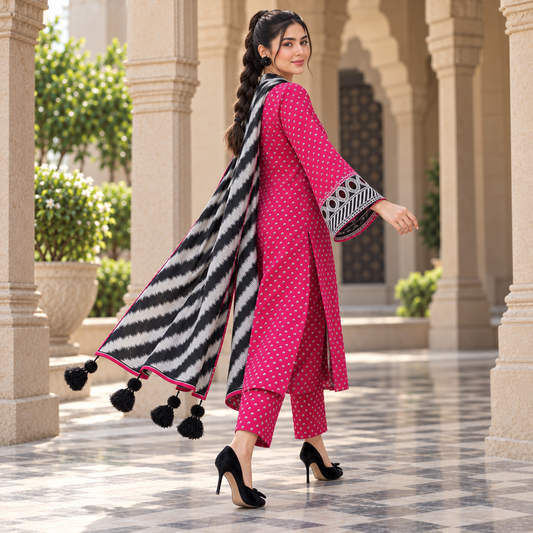 Lulusar Magenta Black Chevron Printed Unstitched Shamooz Silk 3 Piece Suit – image 2 of 3