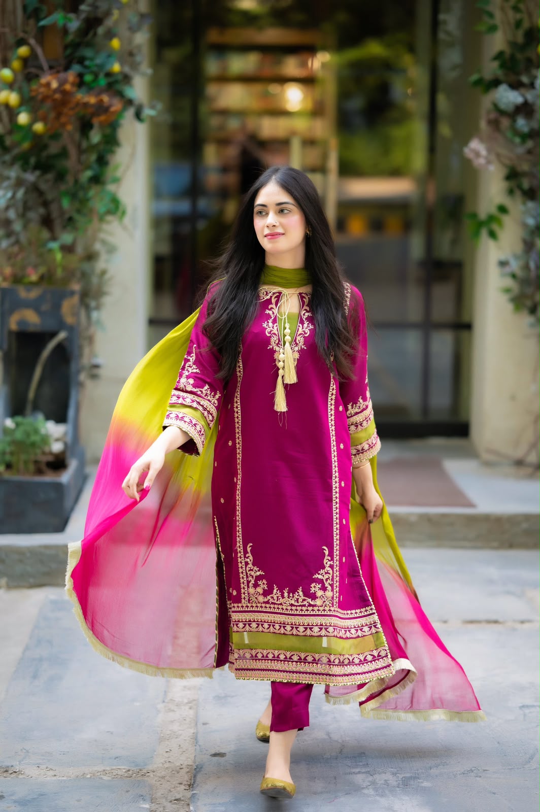 Magenta Olive Heavy Embroidered Unstitched Dhanak 3 Piece Suit with Digital Printed Shawl - front view
