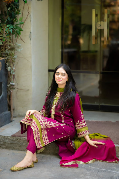 Magenta Olive Heavy Embroidered Unstitched Dhanak 3 Piece Suit with Digital Printed Shawl - detail view