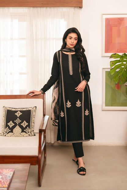 Mahamira Black Heavy Embroidered Unstitched Dhanak 3 Piece Suit with Digital Printed Shawl – image 1 of 3