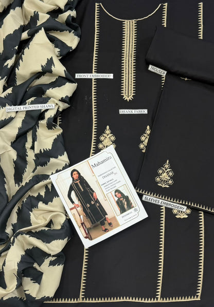 Mahamira Black Heavy Embroidered Unstitched Dhanak 3 Piece Suit with Digital Printed Shawl – image 3 of 3