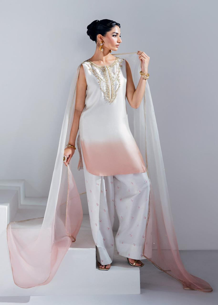 Mahum Asad Ivory Pink Ombre Heavy Embroidered Adda Work Shamoz Silk 3 Piece Suit - back view