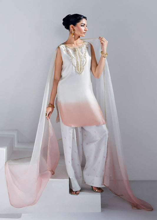 Mahum Asad Ivory Pink Ombre Heavy Embroidered Adda Work Shamoz Silk 3 Piece Suit - back view