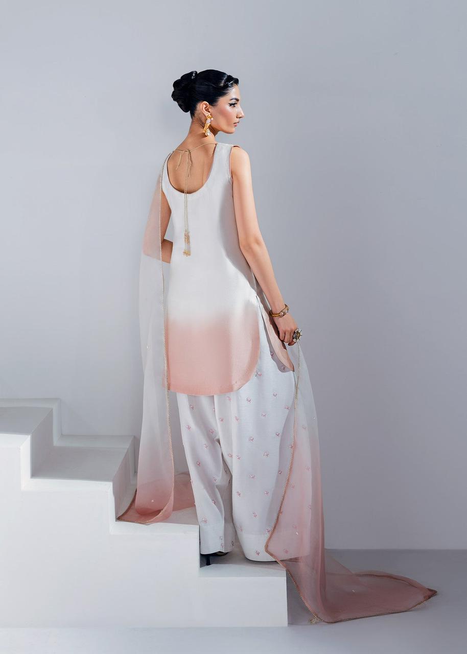 Mahum Asad Ivory Pink Ombre Heavy Embroidered Adda Work Shamoz Silk 3 Piece Suit - side view