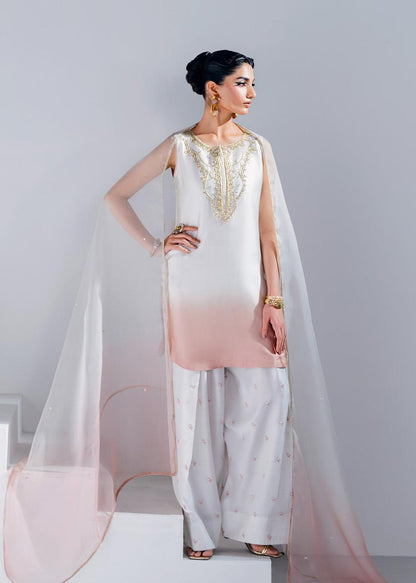 Mahum Asad Ivory Pink Ombre Heavy Embroidered Adda Work Shamoz Silk 3 Piece Suit - detail view