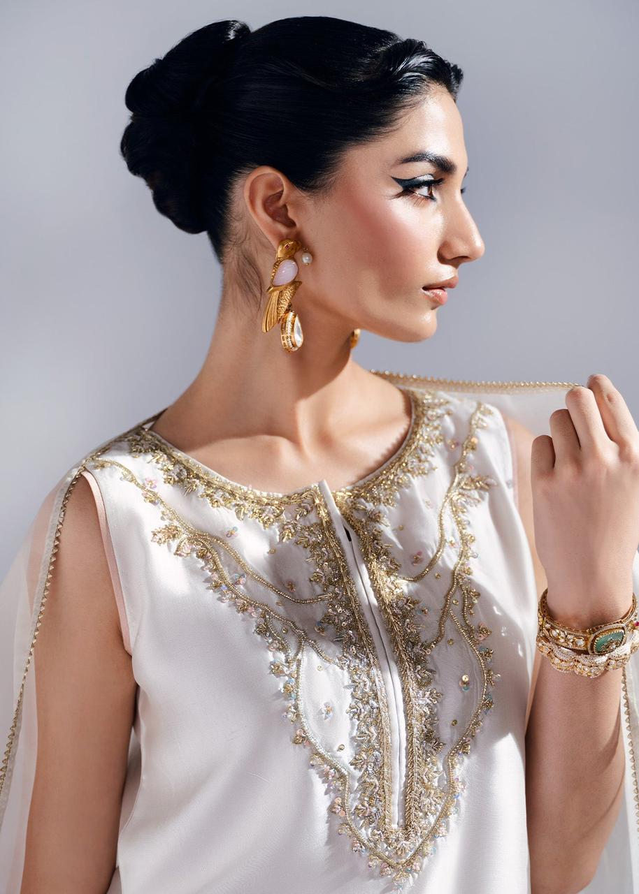 Mahum Asad Ivory Pink Ombre Heavy Embroidered Adda Work Shamoz Silk 3 Piece Suit - fabric closeup