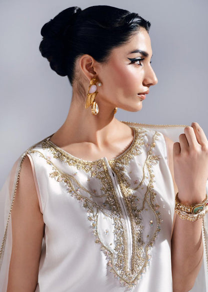 Mahum Asad Ivory Pink Ombre Heavy Embroidered Adda Work Shamoz Silk 3 Piece Suit - fabric closeup