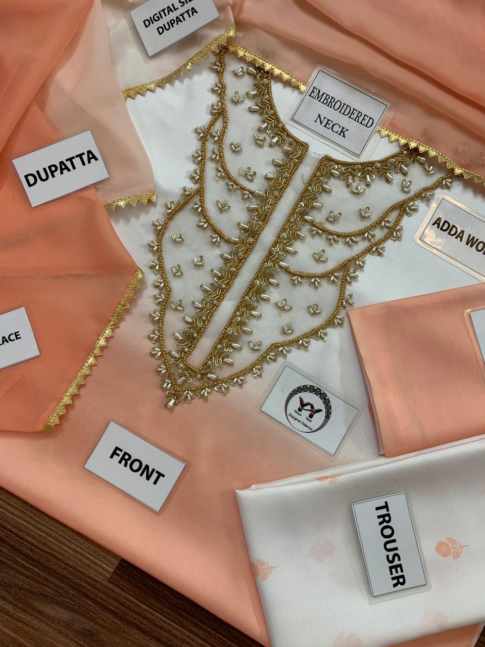 Mahum Asad Ivory Pink Ombre Heavy Embroidered Adda Work Shamoz Silk 3 Piece Suit - full view