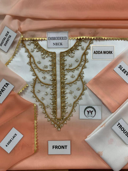 Mahum Asad Ivory Pink Ombre Heavy Embroidered Adda Work Shamoz Silk 3 Piece Suit - additional detail view