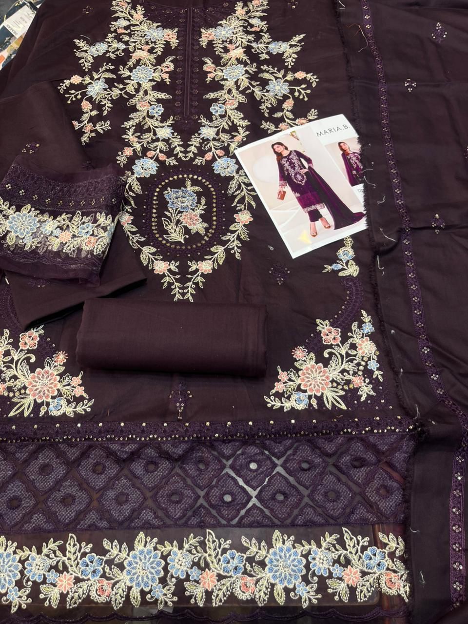 Maria.B Plum Embroidered Unstitched Dhanak 3 Piece Suit with Embroidered Shawl – image 2 of 2