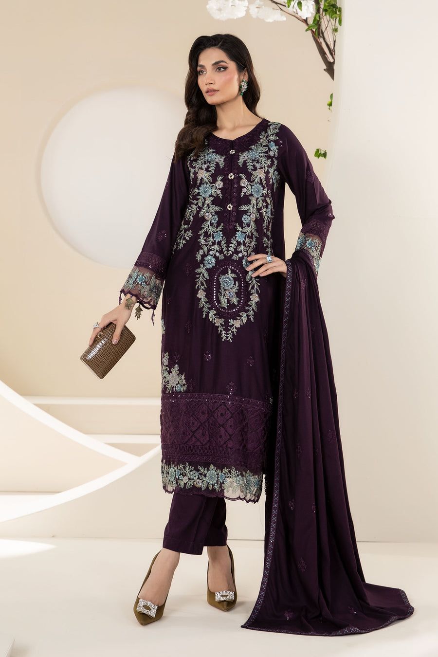 Maria.B Plum Embroidered Unstitched Dhanak 3 Piece Suit with Embroidered Shawl – image 1 of 2