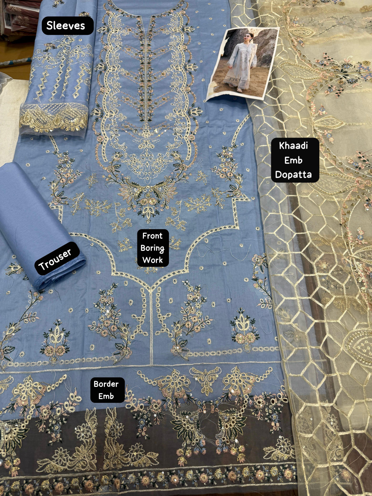 Maria.B Powder Blue Embroidered Unstitched Dhanak 3 Piece Suit with Embroidered Shawl – image 3 of 3