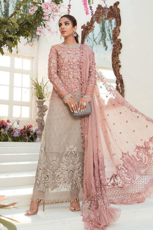 Maria.B Blush Grey Embroidered Tie & Dye Unstitched Chiffon 3 Piece Suit – image 1 of 5