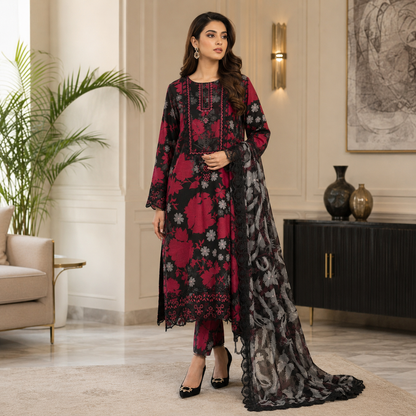 Maroon Black Floral Digital Print 3 Piece Lawn Suit – Inspired by Ramsha – image 1 of 3