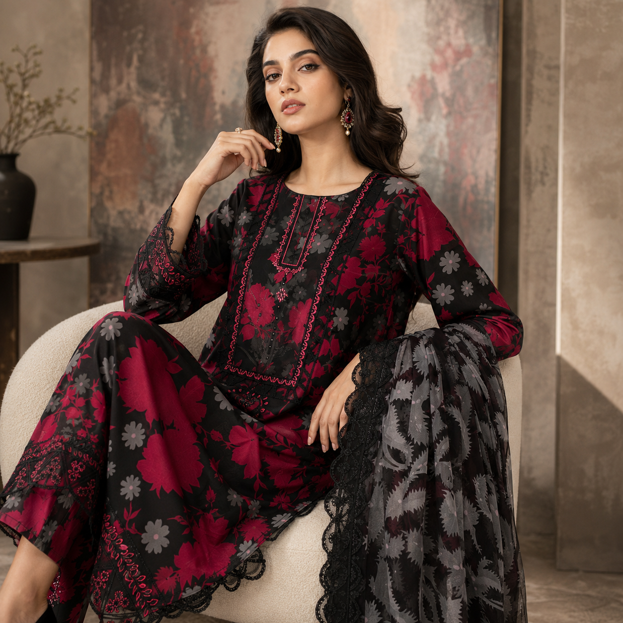 Maroon Black Floral Digital Print 3 Piece Lawn Suit – Inspired by Ramsha – image 2 of 3