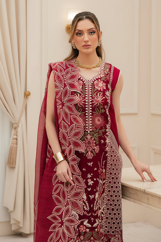 Maroon Heavy Embroidered 3 Piece Lawn Suit – Inspired by Mahnur – image 1 of 6