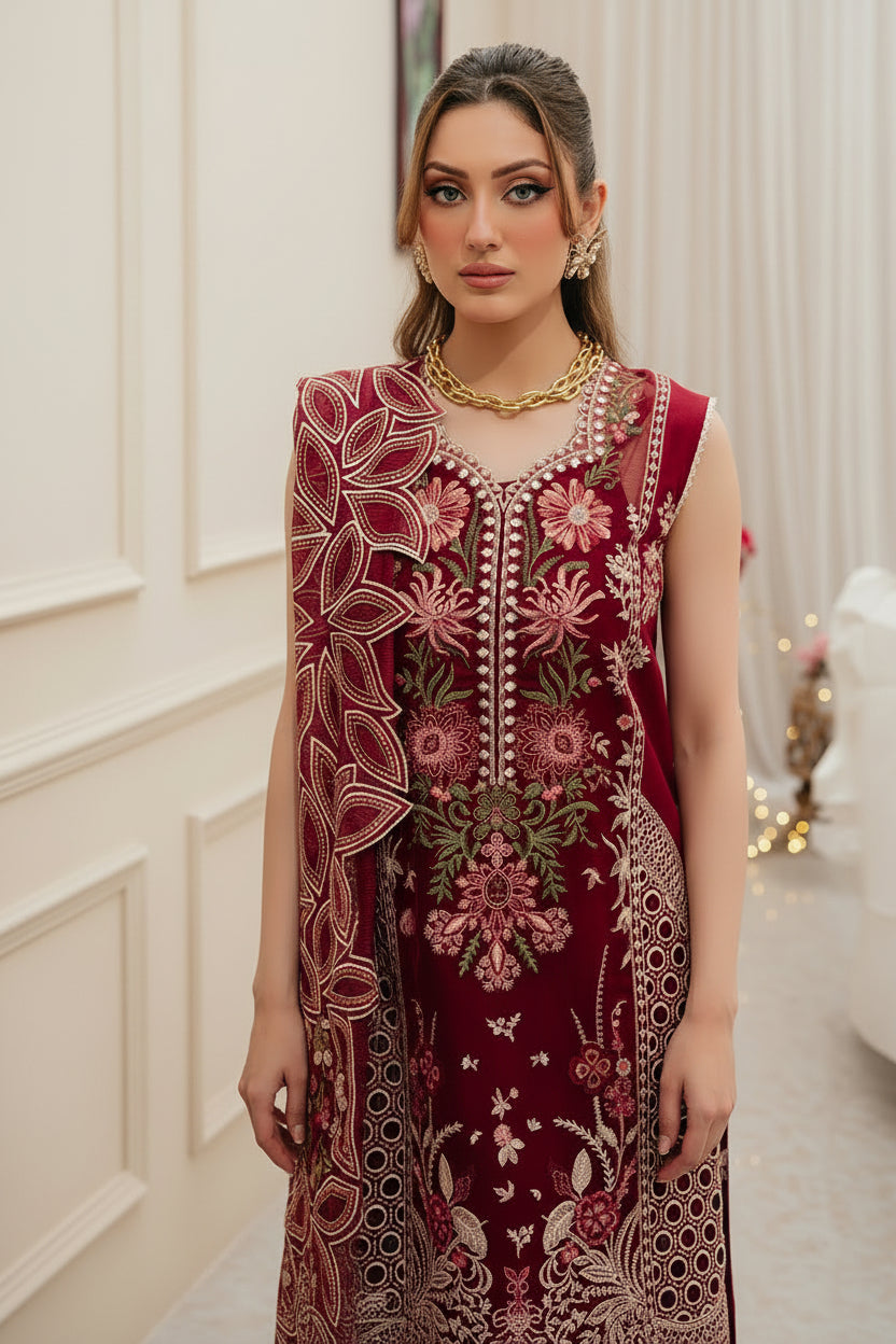 Mahnur Maroon Heavy Embroidered 3 Piece Lawn Suit – image 3 of 6