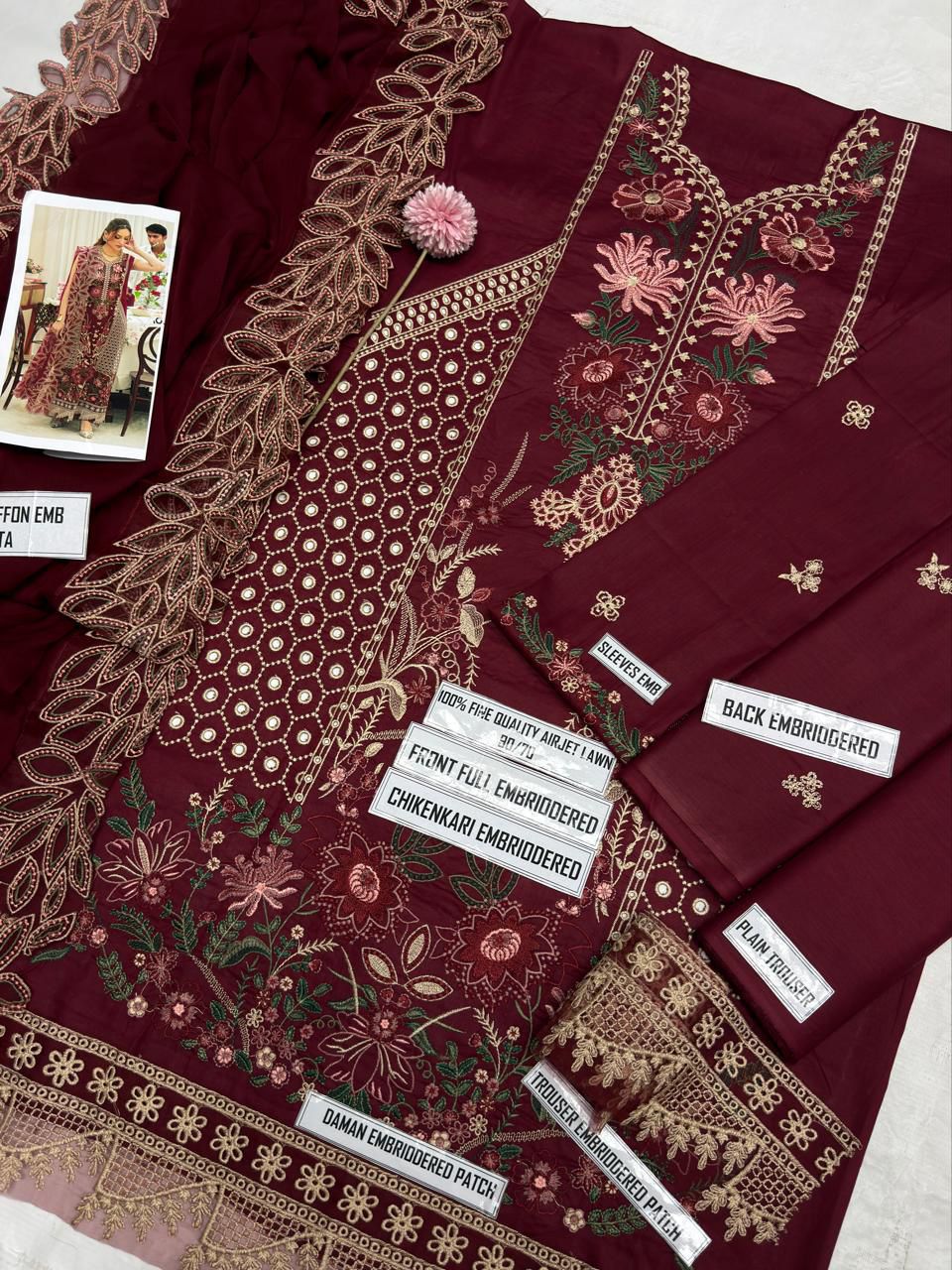 Mahnur Maroon Heavy Embroidered 3 Piece Lawn Suit – image 6 of 6