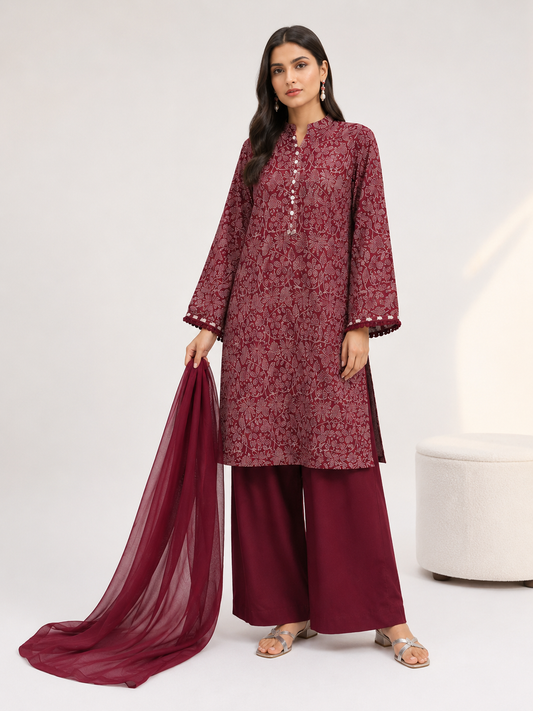 Maroon Paisley Digital Print 3 Piece Lawn Suit – Inspired by Khaadi – image 1 of 2
