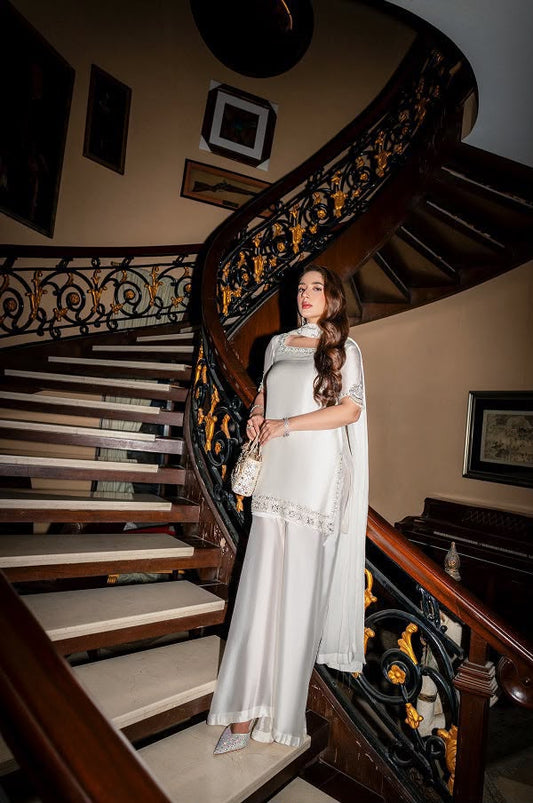 Maruk Pearl White Heavy Embroidered Unstitched Shamooz Silk 3 Piece Suit – image 1 of 8