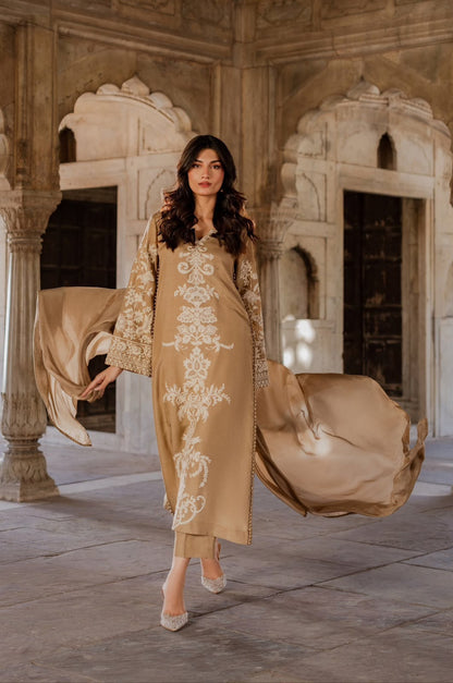 MIRANA Beige Heavy Embroidered Viscose Thread Work Charmuse Silk 3 Piece Unstitched Suit - front view