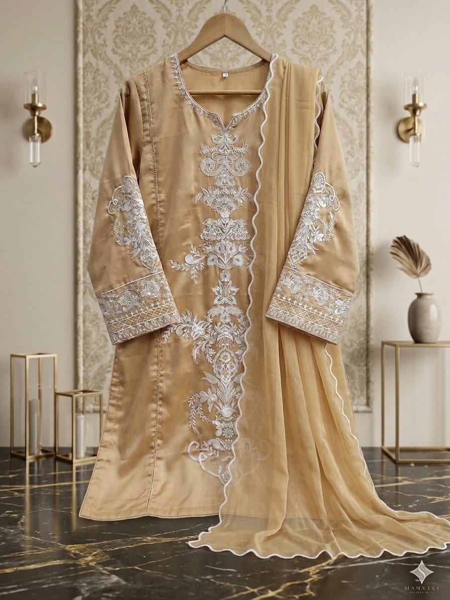 MIRANA Beige Heavy Embroidered Viscose Thread Work Charmuse Silk 3 Piece Unstitched Suit - additional angle view
