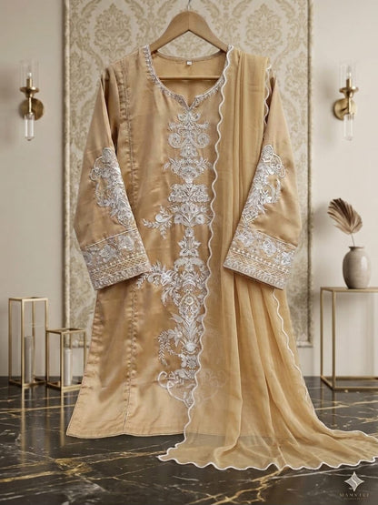MIRANA Beige Heavy Embroidered Viscose Thread Work Charmuse Silk 3 Piece Unstitched Suit - additional angle view