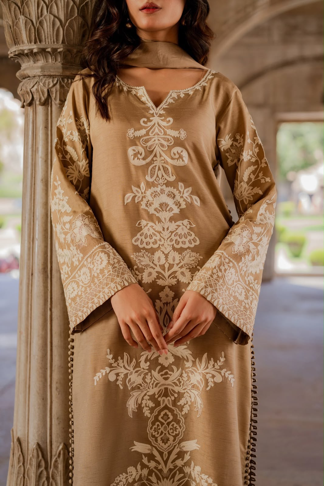 MIRANA Beige Heavy Embroidered Viscose Thread Work Charmuse Silk 3 Piece Unstitched Suit - back view
