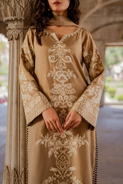 MIRANA Beige Heavy Embroidered Viscose Thread Work Charmuse Silk 3 Piece Unstitched Suit - back view