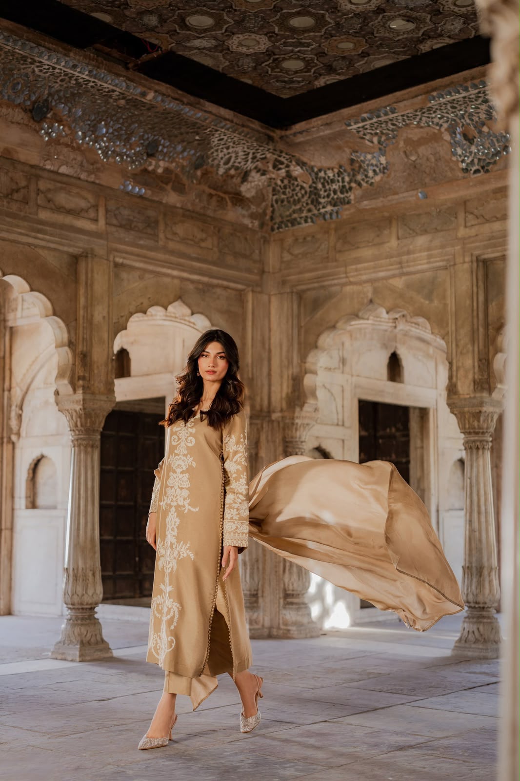 MIRANA Beige Heavy Embroidered Viscose Thread Work Charmuse Silk 3 Piece Unstitched Suit - side view