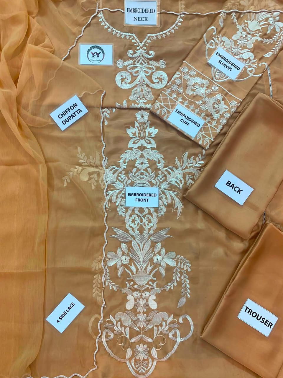 MIRANA Beige Heavy Embroidered Viscose Thread Work Charmuse Silk 3 Piece Unstitched Suit - detail view