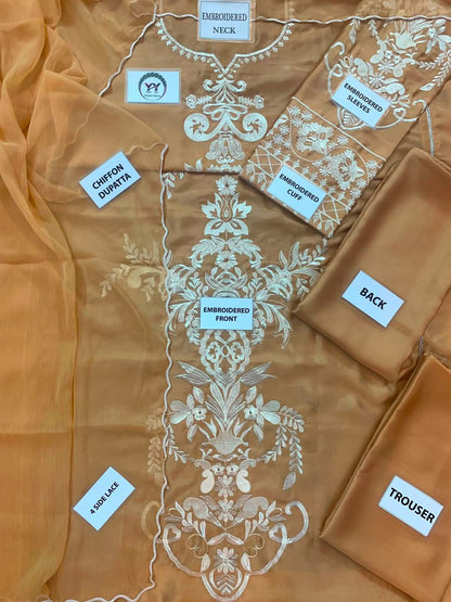 MIRANA Beige Heavy Embroidered Viscose Thread Work Charmuse Silk 3 Piece Unstitched Suit - detail view