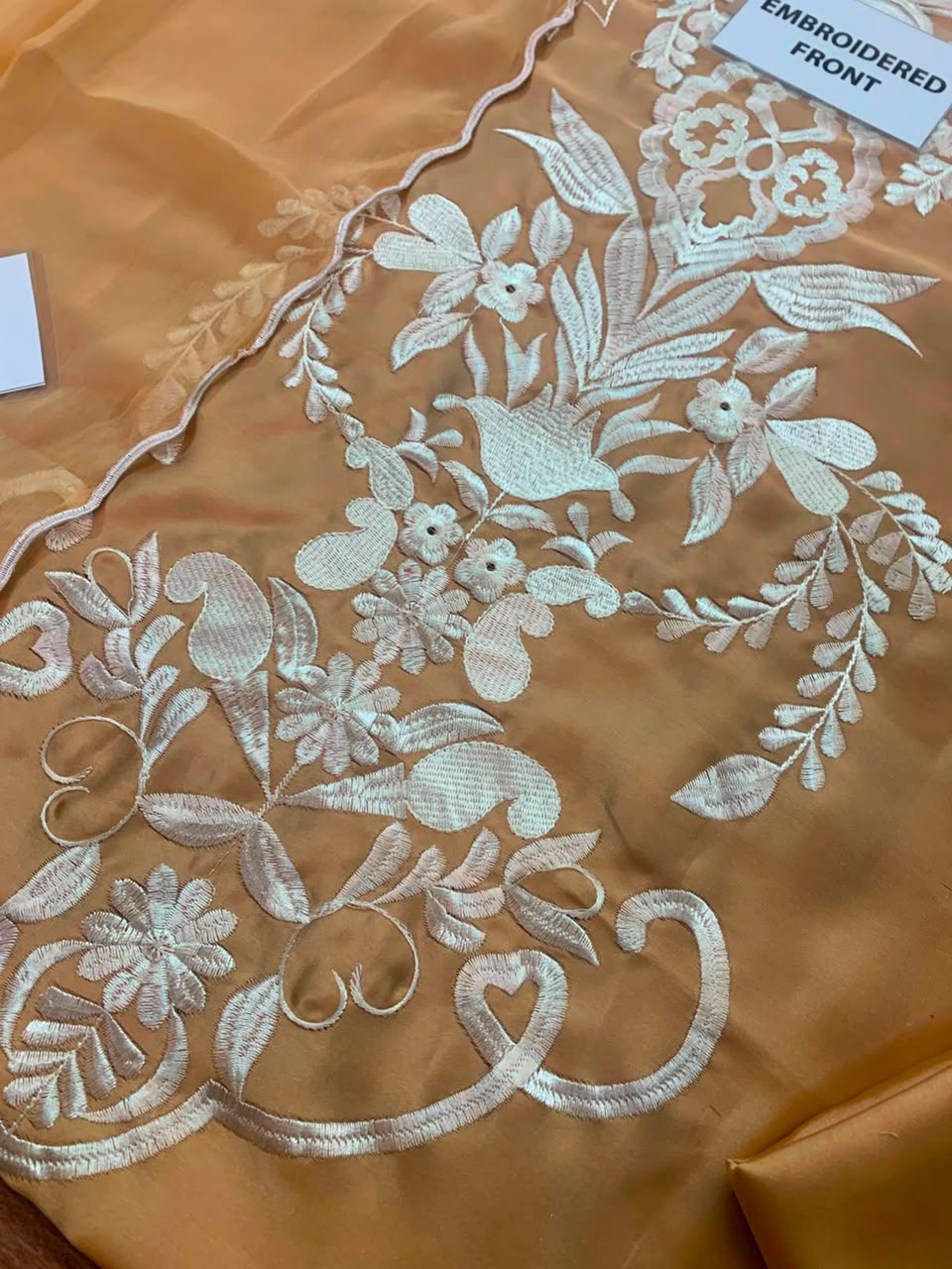 MIRANA Beige Heavy Embroidered Viscose Thread Work Charmuse Silk 3 Piece Unstitched Suit - fabric closeup