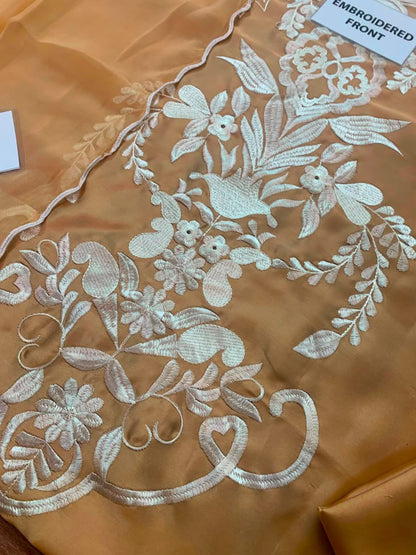 MIRANA Beige Heavy Embroidered Viscose Thread Work Charmuse Silk 3 Piece Unstitched Suit - fabric closeup
