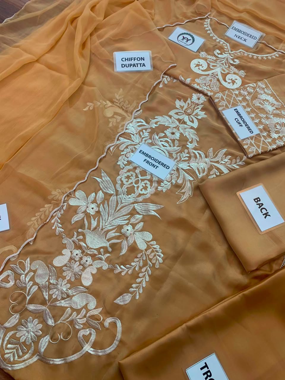 MIRANA Beige Heavy Embroidered Viscose Thread Work Charmuse Silk 3 Piece Unstitched Suit - styled view