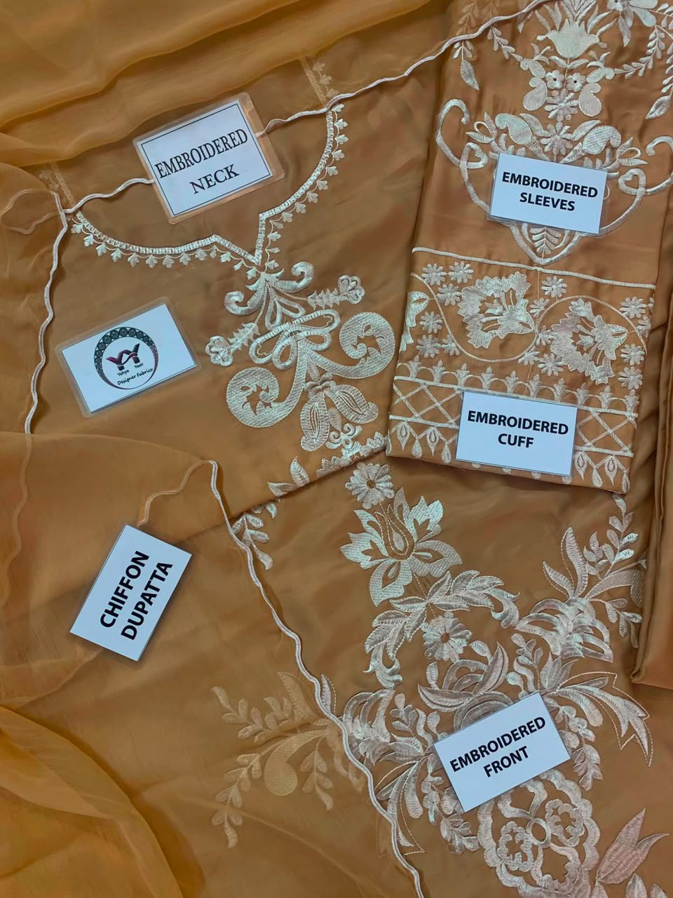MIRANA Beige Heavy Embroidered Viscose Thread Work Charmuse Silk 3 Piece Unstitched Suit - full view