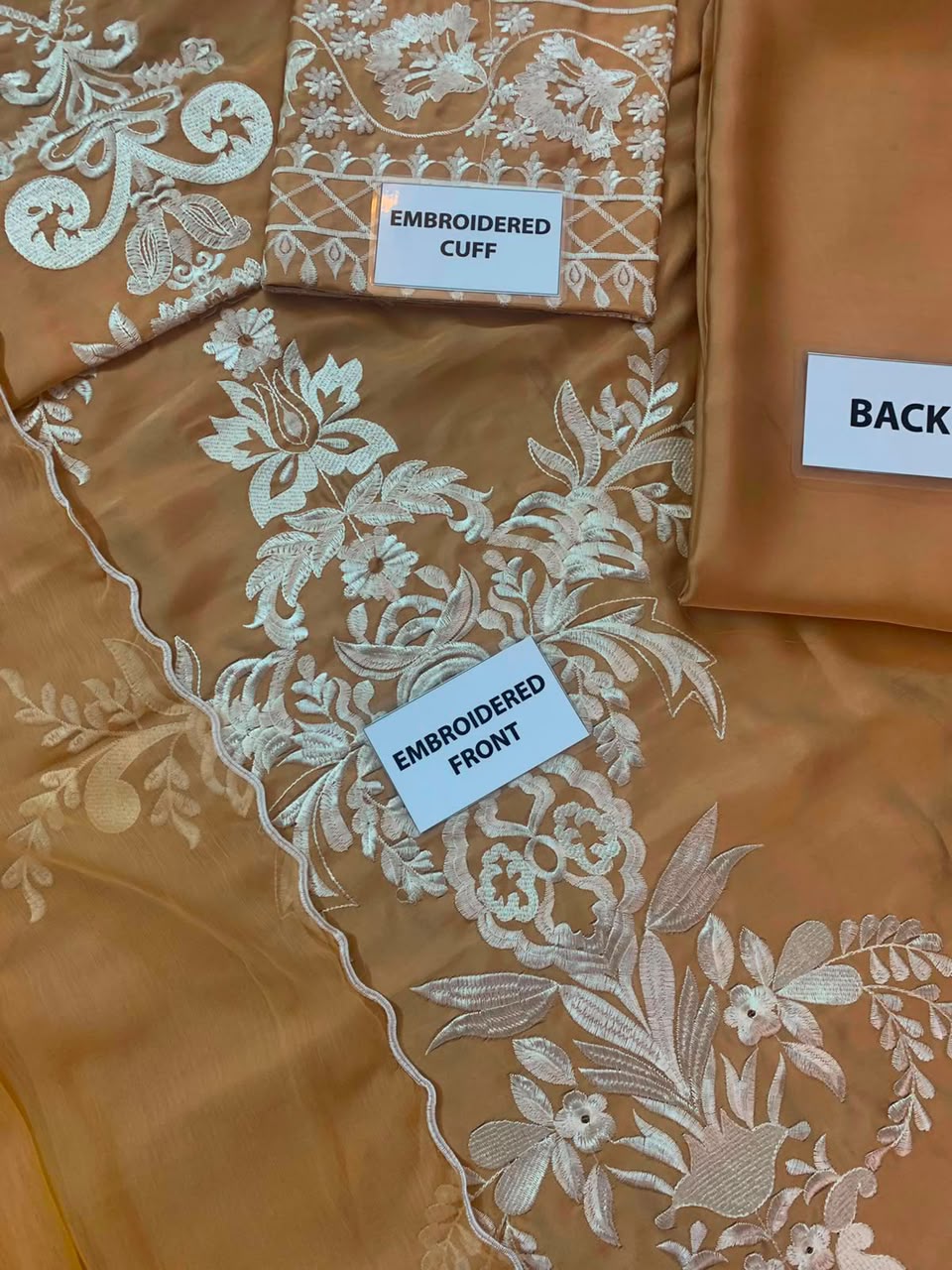 MIRANA Beige Heavy Embroidered Viscose Thread Work Charmuse Silk 3 Piece Unstitched Suit - additional detail view