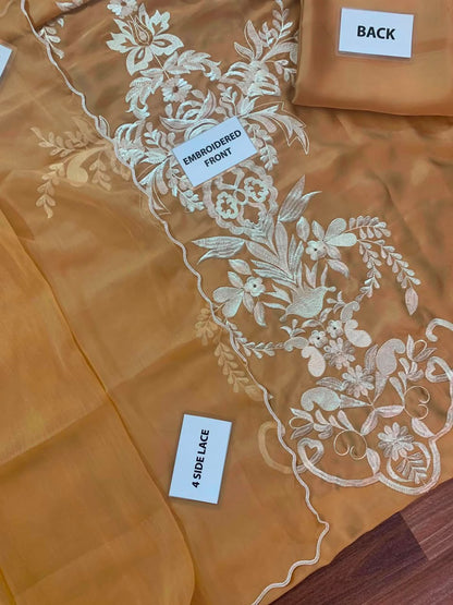 MIRANA Beige Heavy Embroidered Viscose Thread Work Charmuse Silk 3 Piece Unstitched Suit - styled full view
