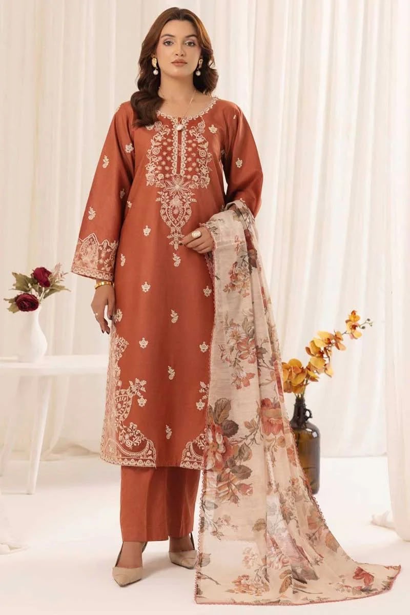 MOHAGNI Terracotta Heavy Embroidered Unstitched Dhanak 3 Piece Suit with Digital Printed Shawl – image 1 of 4